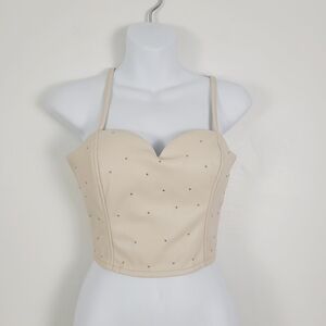 Say‎ What Cream With Gold Beads Full Zip Faux Leather Bustier Top